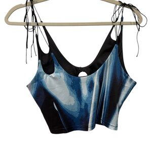 Stylish Blue, Black, & White Double Tie Crop/ Halter Top w/ Keyhole Back